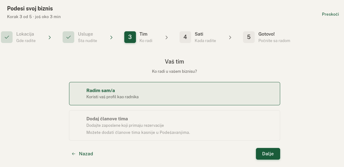 Podešavanje usluga i tima
