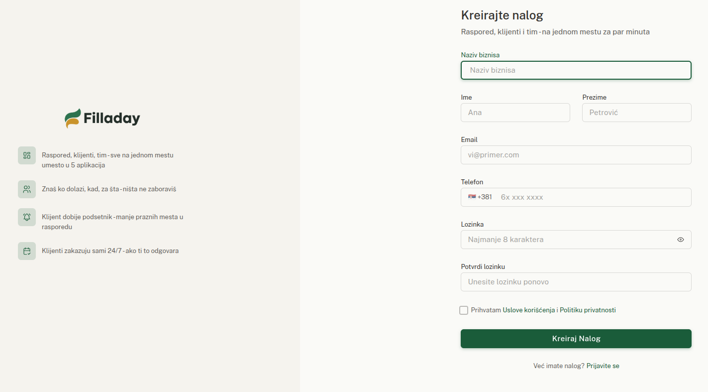 Filladay registracija